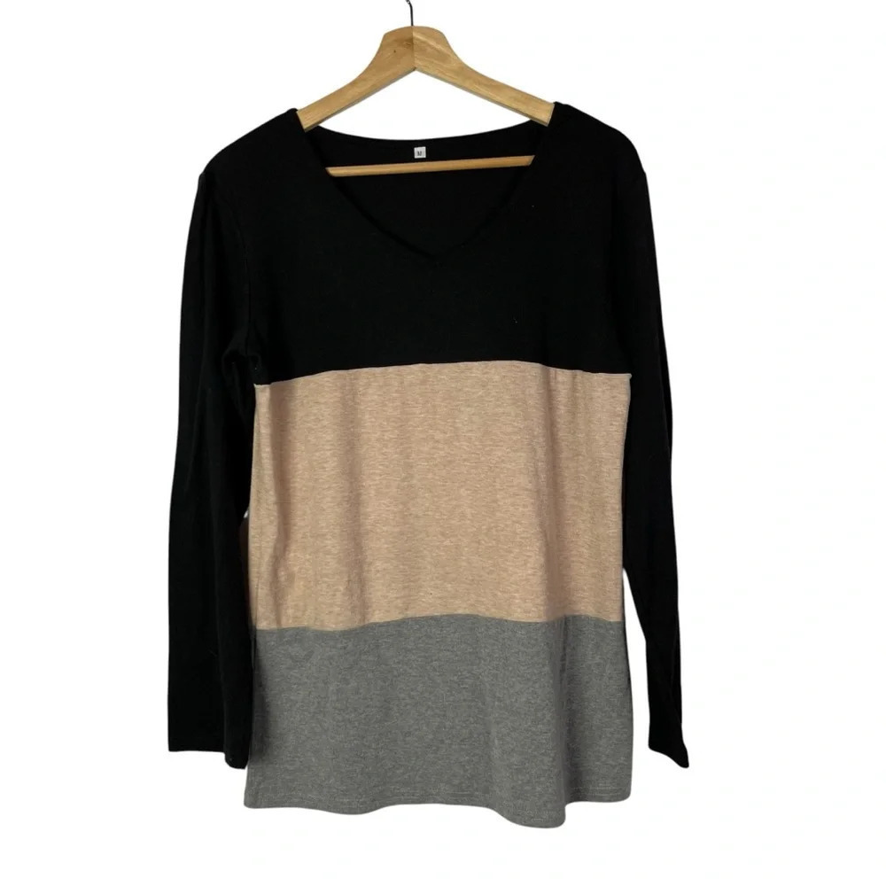 Boutique Black Brown & Gray Colorblock Crewneck Long Sleeve T-Shirt M